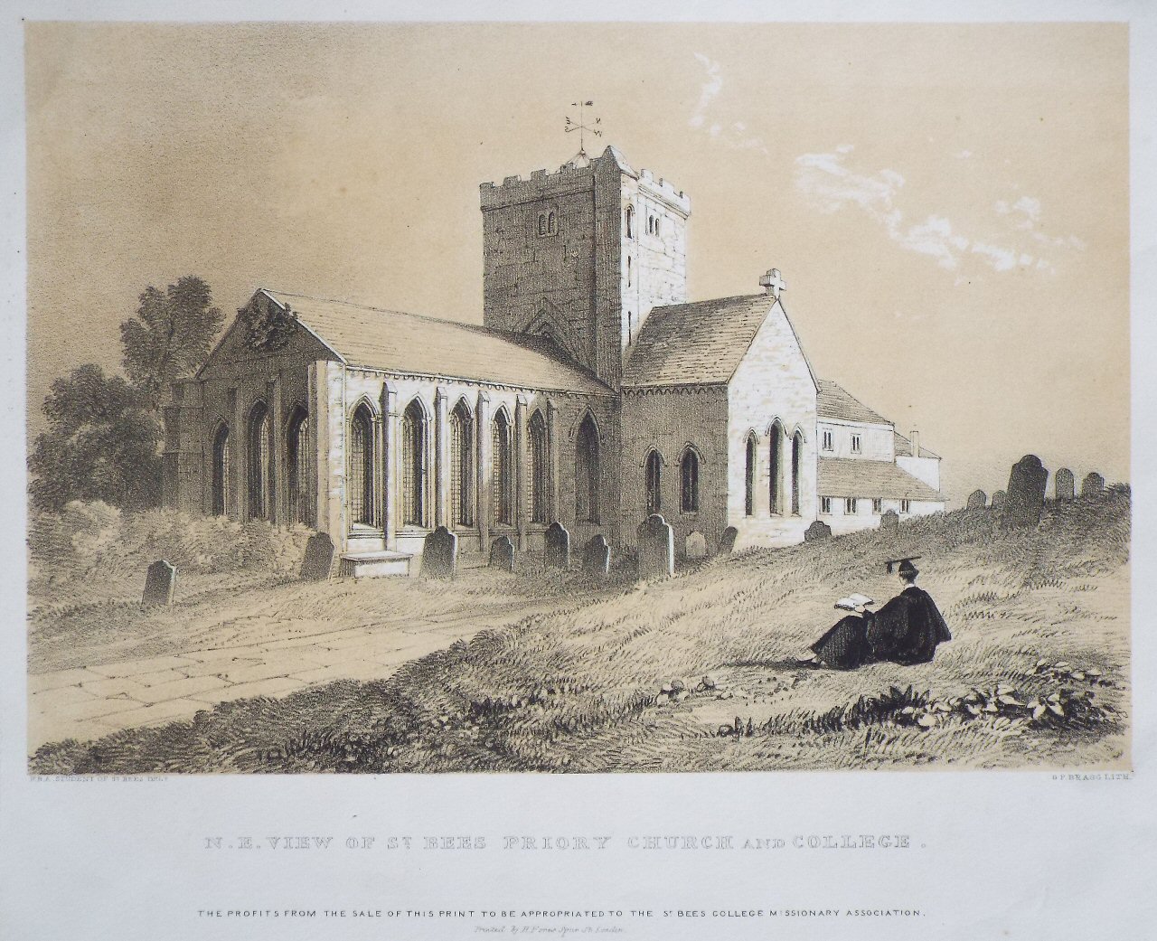 Lithograph - N. E. View of St. Bees Priory Church and College. - Bragg
